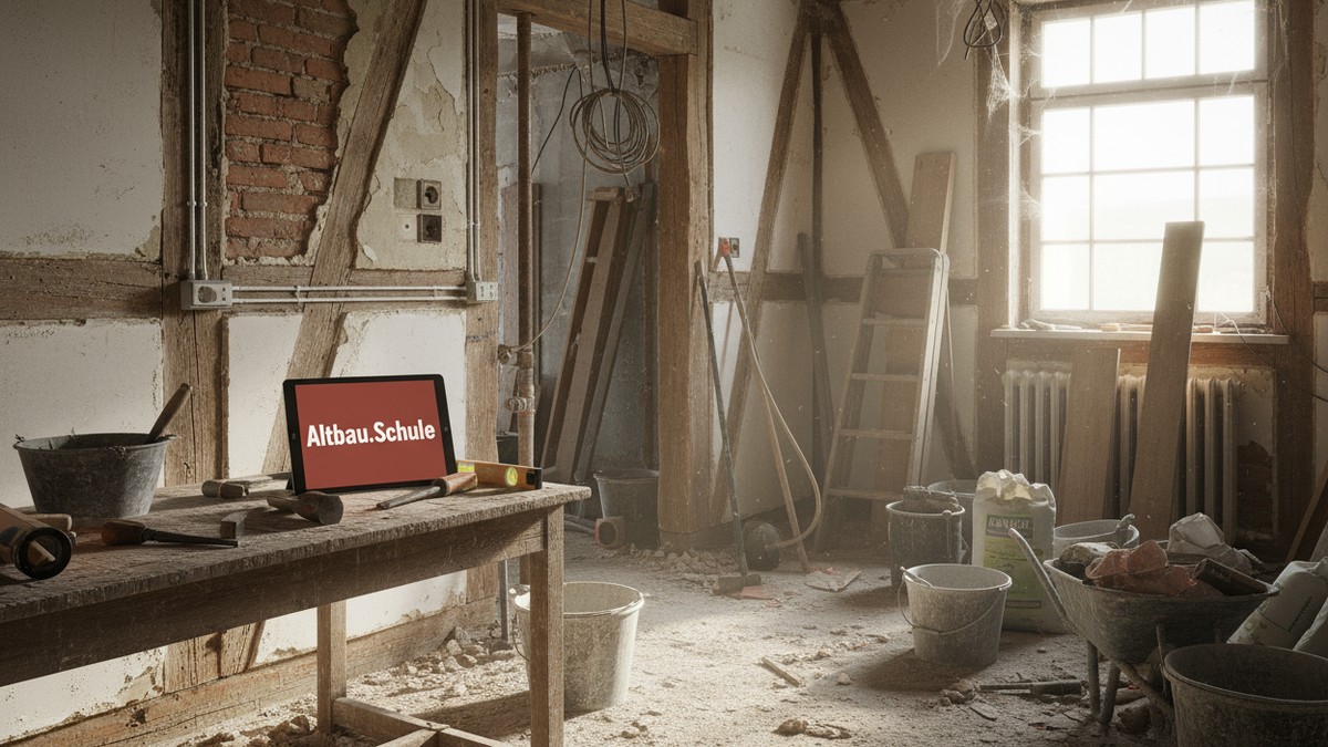 Erstelle ein Online shop Titelbild in der größe 1920 x 1080 px. Es ist ein altes Fachwerkhaus als Baustelle zu sehen mit offenliegenden Kabel, Steckdosen und Heizungsrohren. Links steht ein alter Tisch mit Maurerwerkzeug und  einem stehenden Tablet PC mit einem Backstein Rot Display mit dem Text "Altbau.Schule". Im Hintergrund ist eine verstaubte Baustelle mit Werkzeug zur Altbausanierung und spinnweben zu sehen.